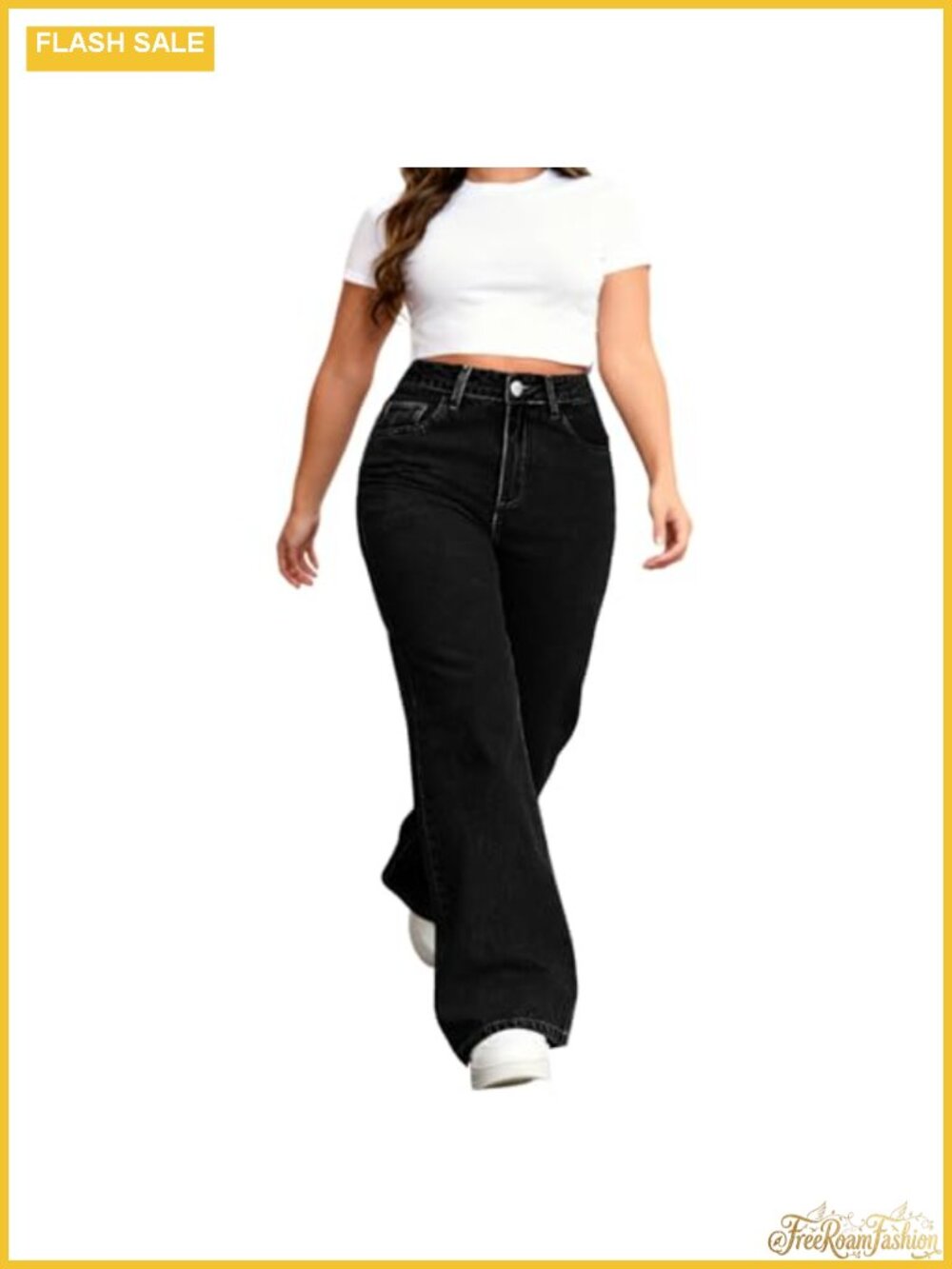 Women's Plus Size High Waist Wide Leg Stretch Jeans Straight Leg Denim Pants - Picture 2 of 5